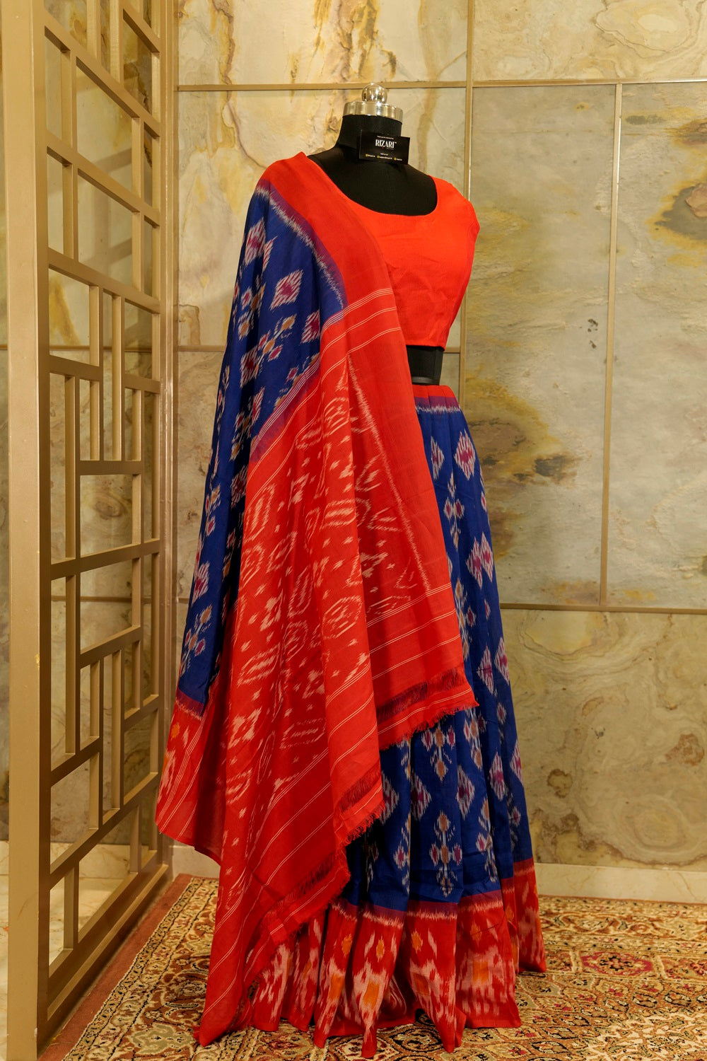 Ultramarine Blue and Red Pallu and Border Handwoven Ikat Pochampalli Sarees