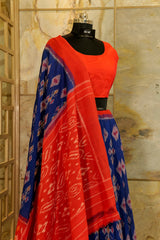 Ultramarine Blue and Red Pallu and Border Handwoven Ikat Pochampalli Sarees