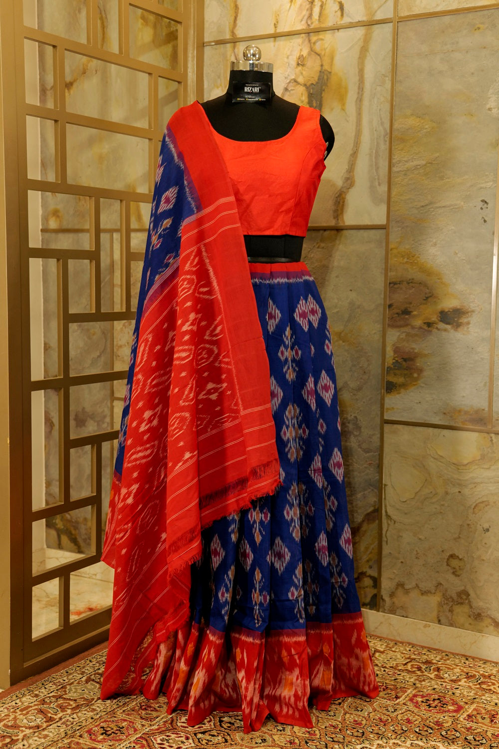 Ultramarine Blue and Red Pallu and Border Handwoven Ikat Pochampalli Sarees