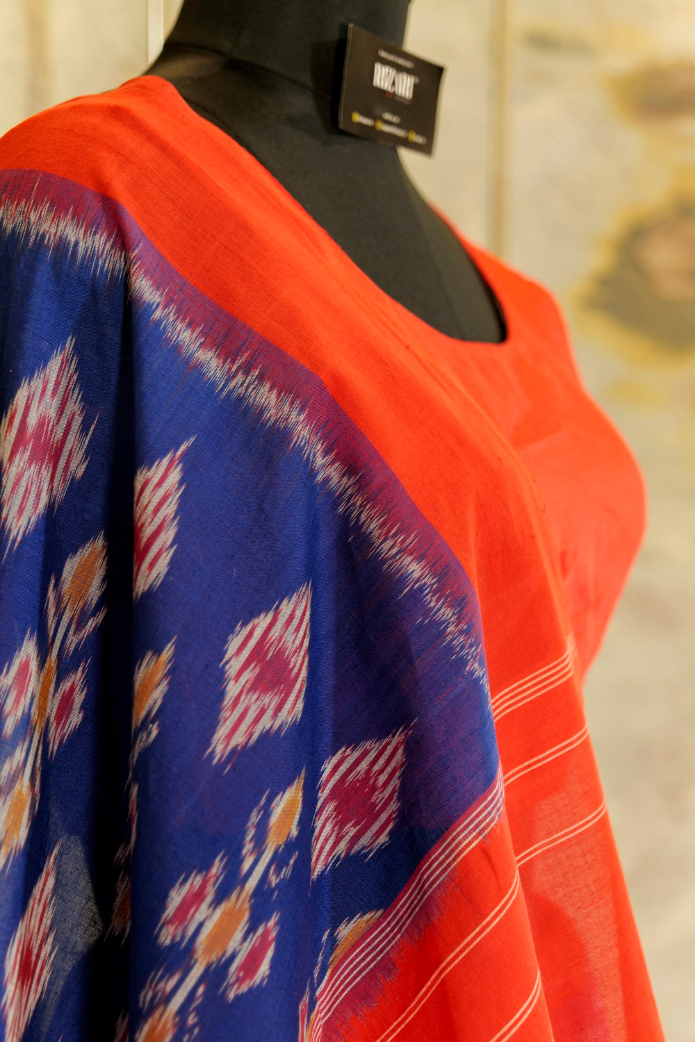 Ultramarine Blue and Red Pallu and Border Handwoven Ikat Pochampalli Sarees