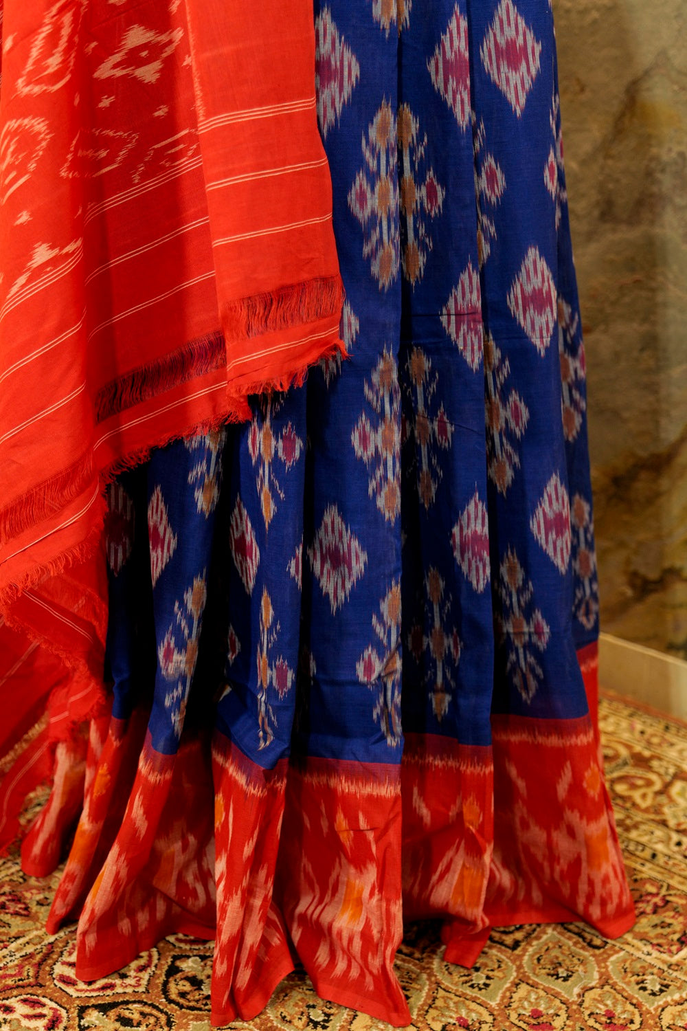 Ultramarine Blue and Red Pallu and Border Handwoven Ikat Pochampalli Sarees