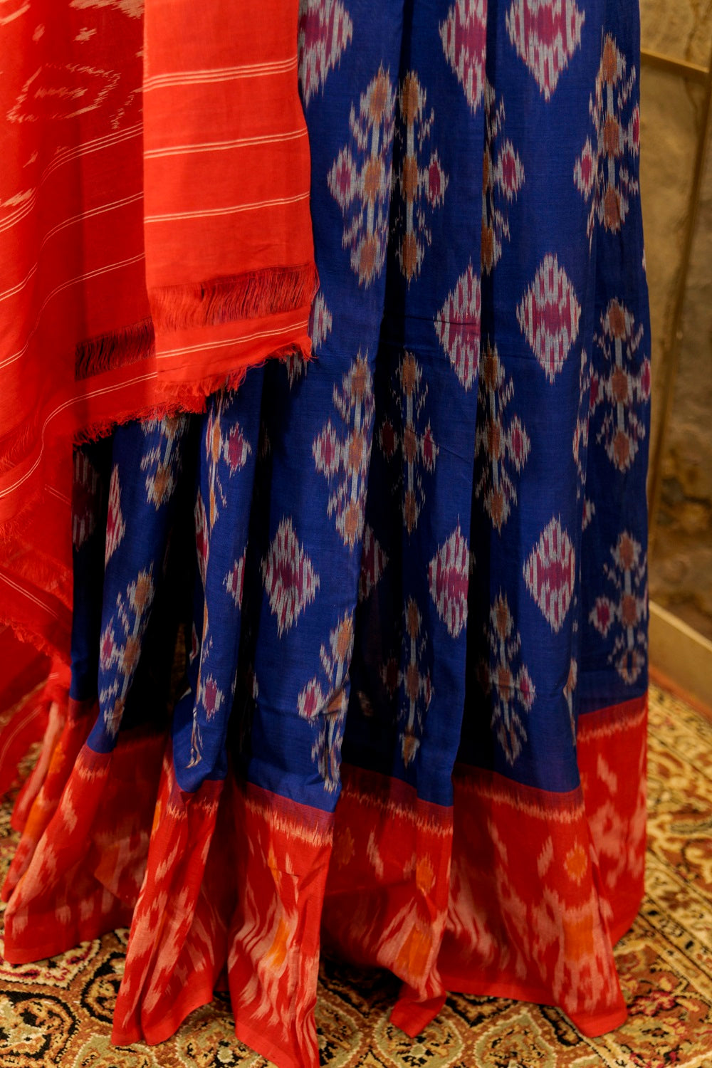 Ultramarine Blue and Red Pallu and Border Handwoven Ikat Pochampalli Sarees