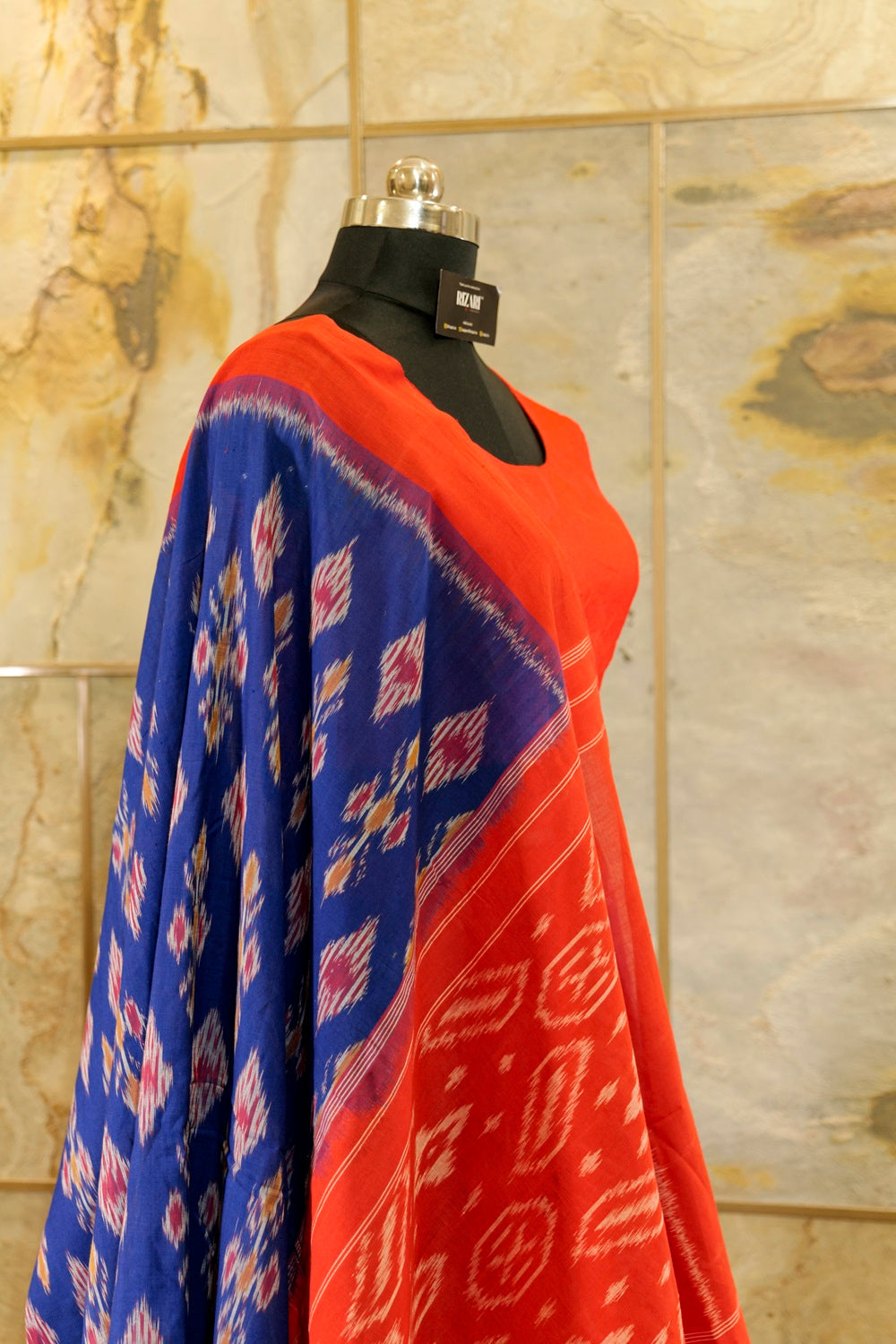 Ultramarine Blue and Red Pallu and Border Handwoven Ikat Pochampalli Sarees