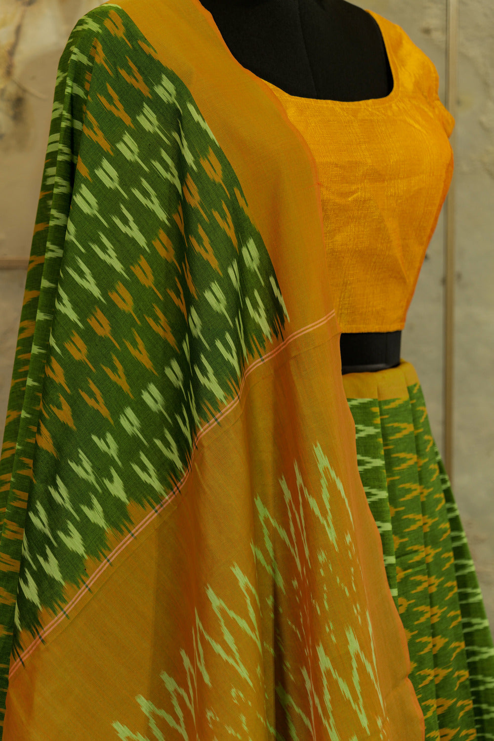 Green and mustard border and Pallu Ikat Pochampalli cotton