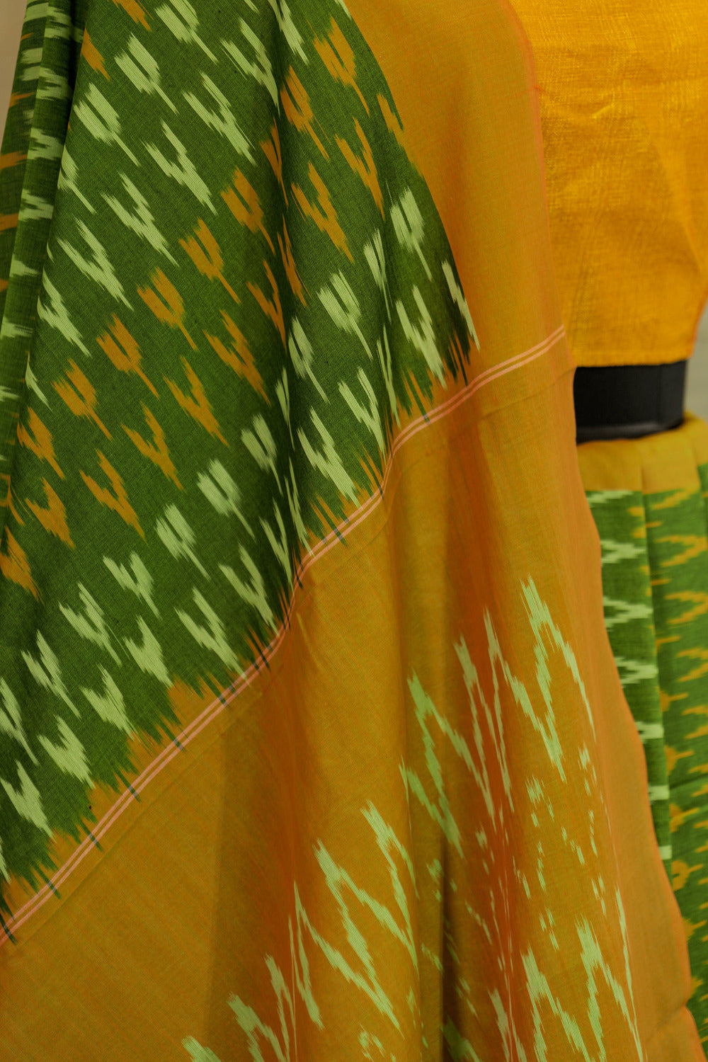 Green and mustard border and Pallu Ikat Pochampalli cotton