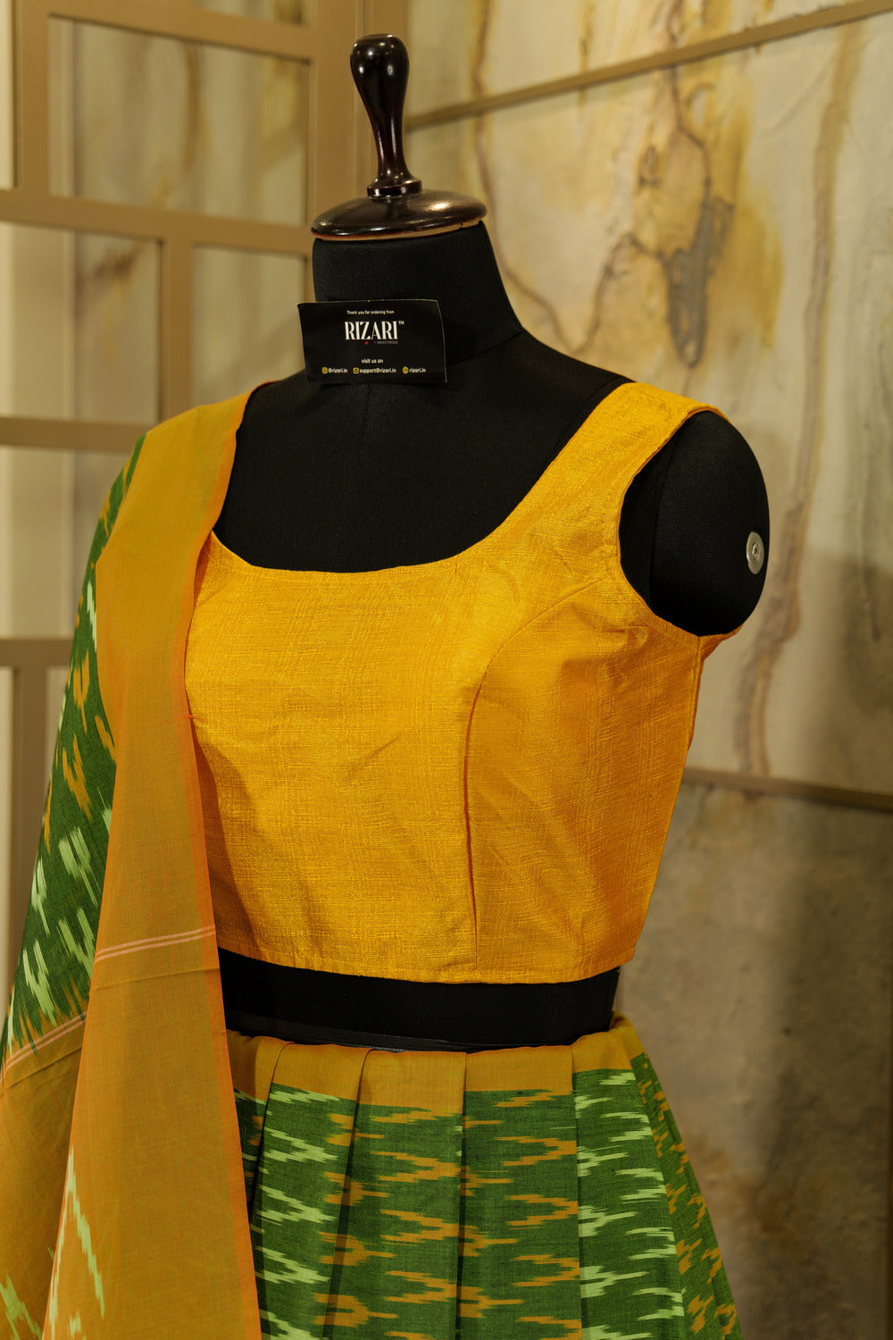 Green and mustard border and Pallu Ikat Pochampalli cotton