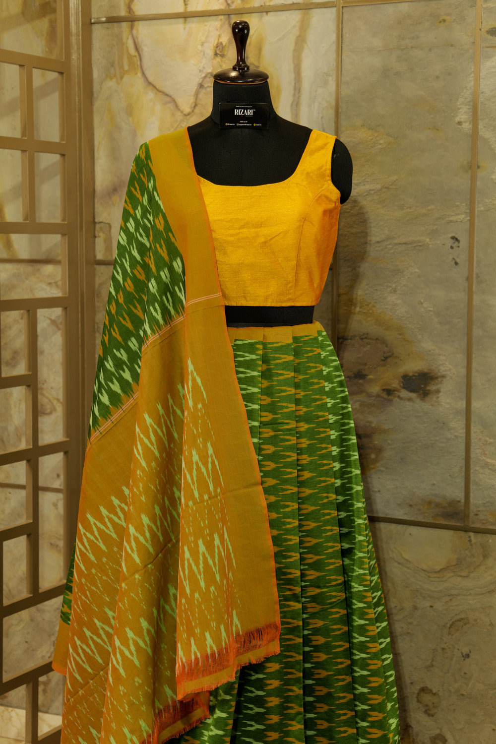 Green and mustard border and Pallu Ikat Pochampalli cotton