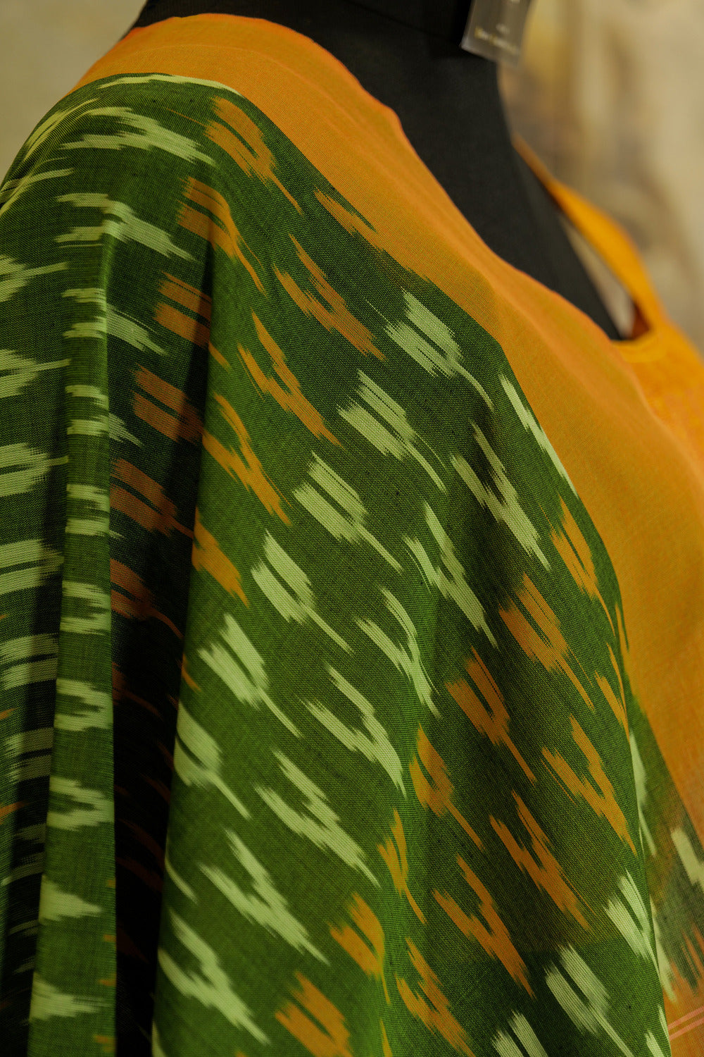 Green and mustard border and Pallu Ikat Pochampalli cotton