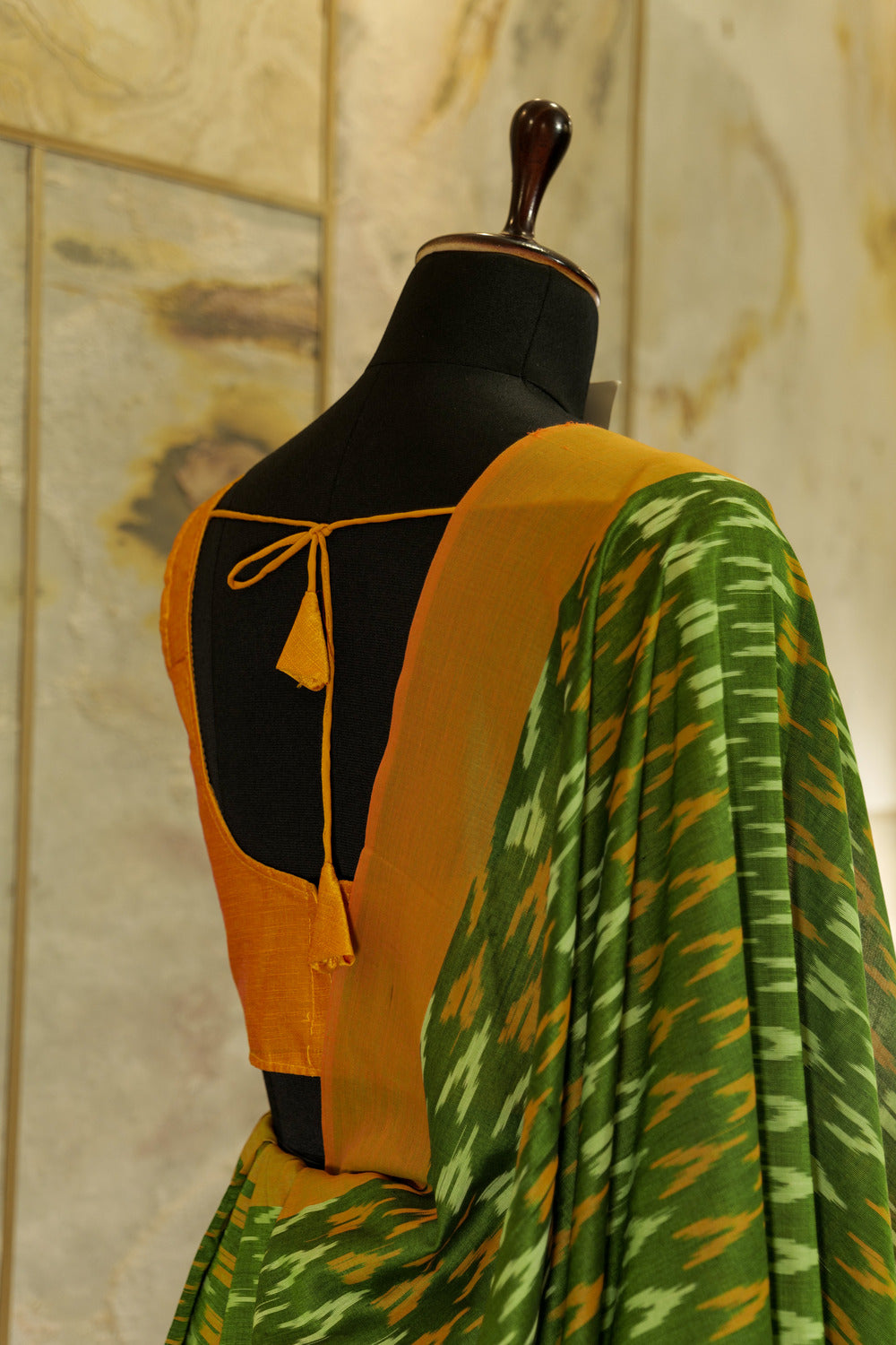 Green and mustard border and Pallu Ikat Pochampalli cotton