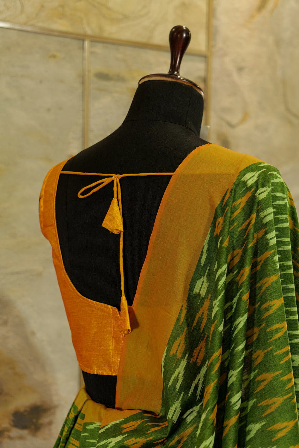 Green and mustard border and Pallu Ikat Pochampalli cotton