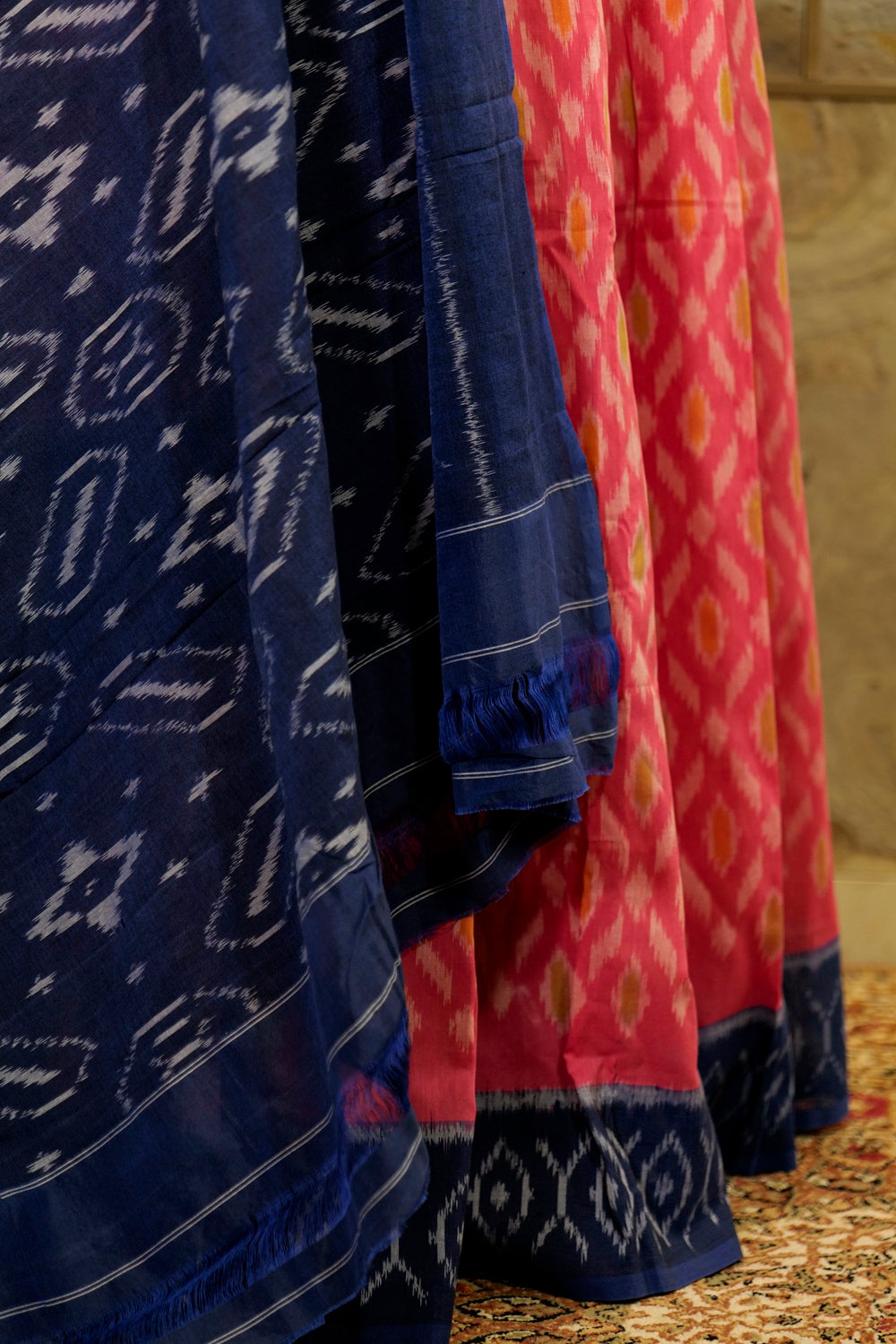 Pink & Blue Ikat Pochampalli handwoven saree