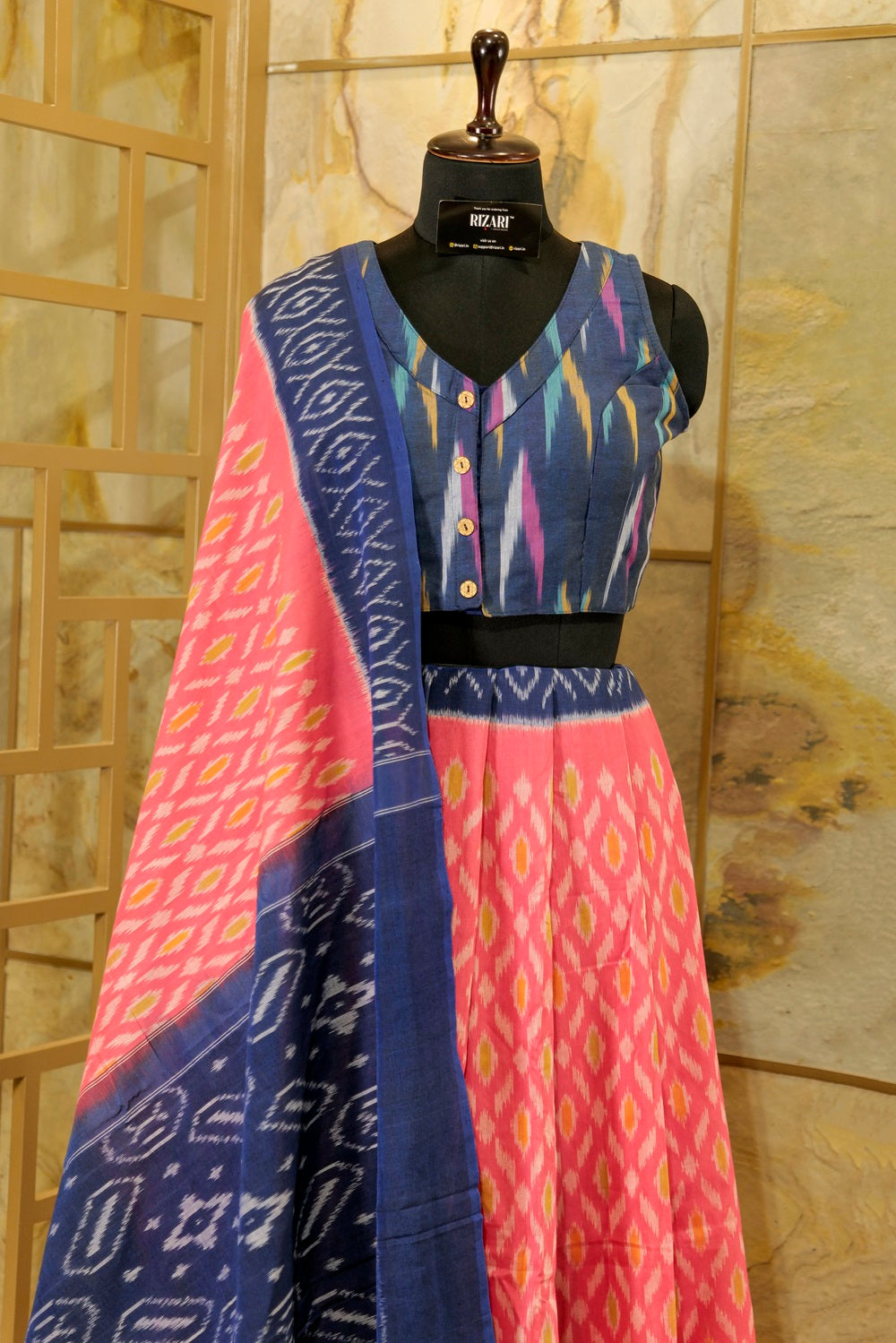 Pink & Blue Ikat Pochampalli handwoven saree