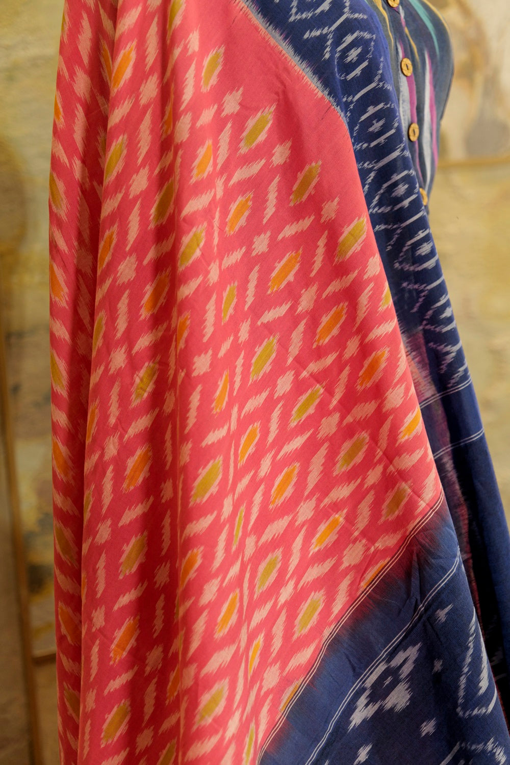 Pink & Blue Ikat Pochampalli handwoven saree