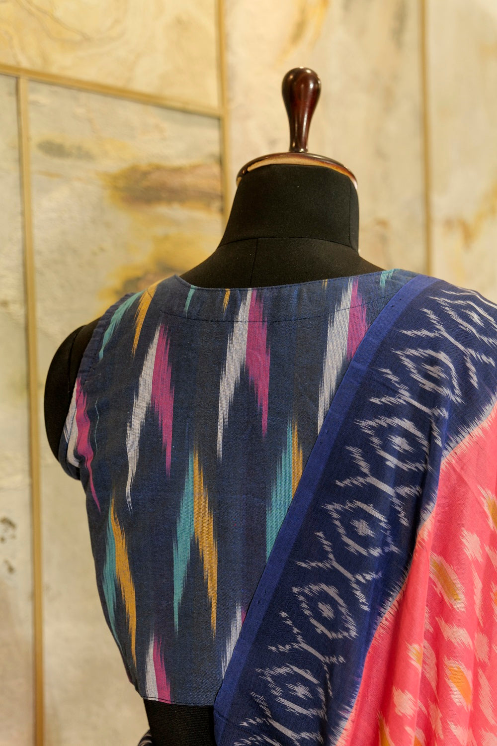 Pink & Blue Ikat Pochampalli handwoven saree