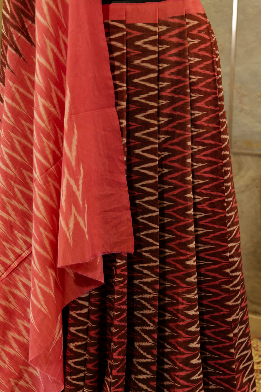 Maroon authentic pure cotton Ikat saree with pink Pallu and border