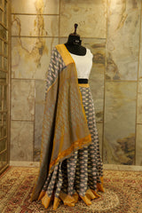 Grey Ikat Pochampalli saree with mustard border and dual tone Pallu