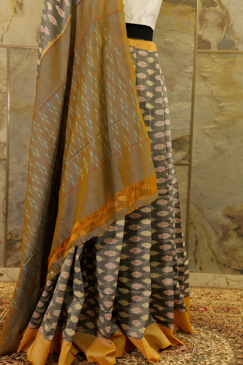 Grey Ikat Pochampalli saree with mustard border and dual tone Pallu