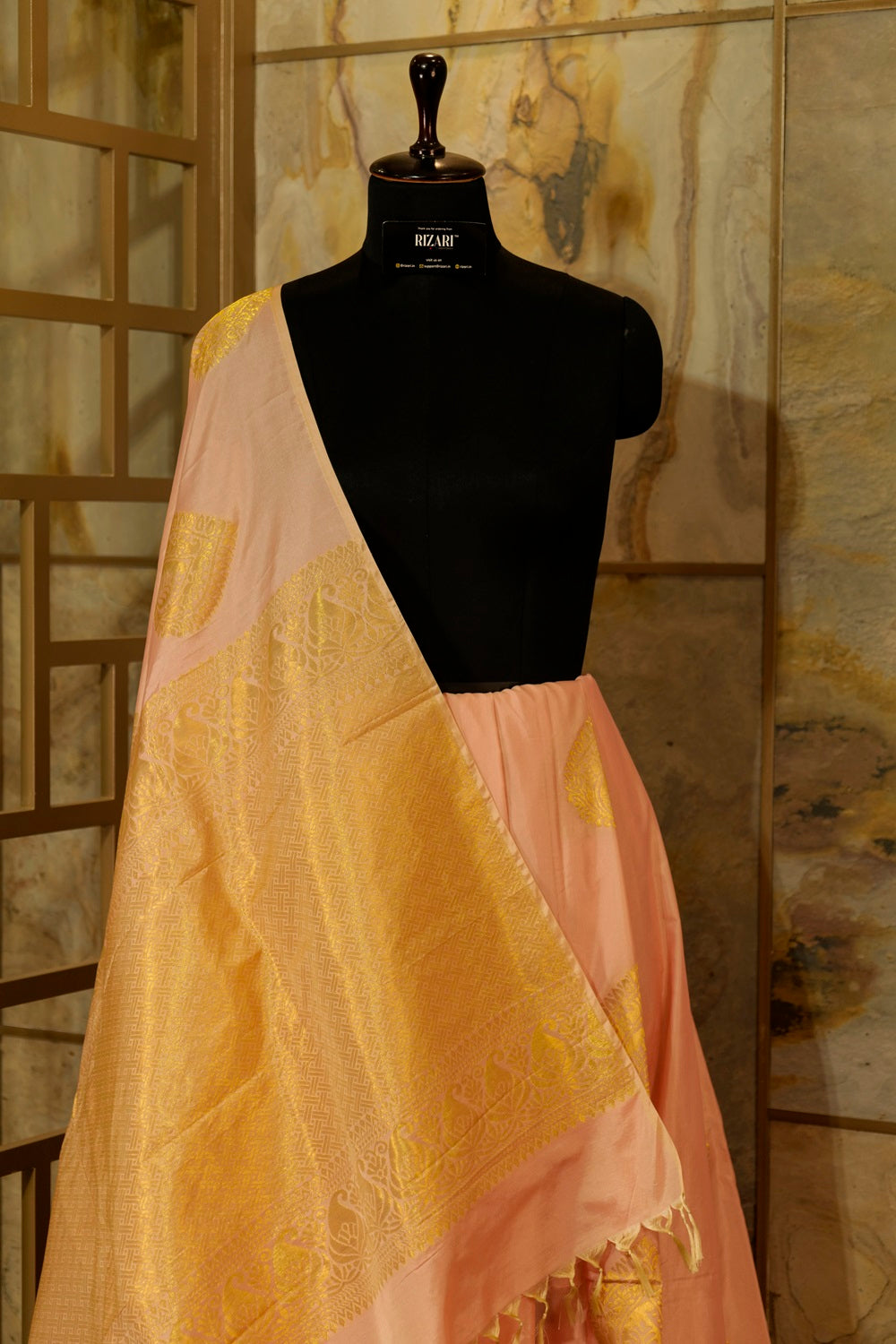 Peach Soft silk saree with big buttas woven all over body