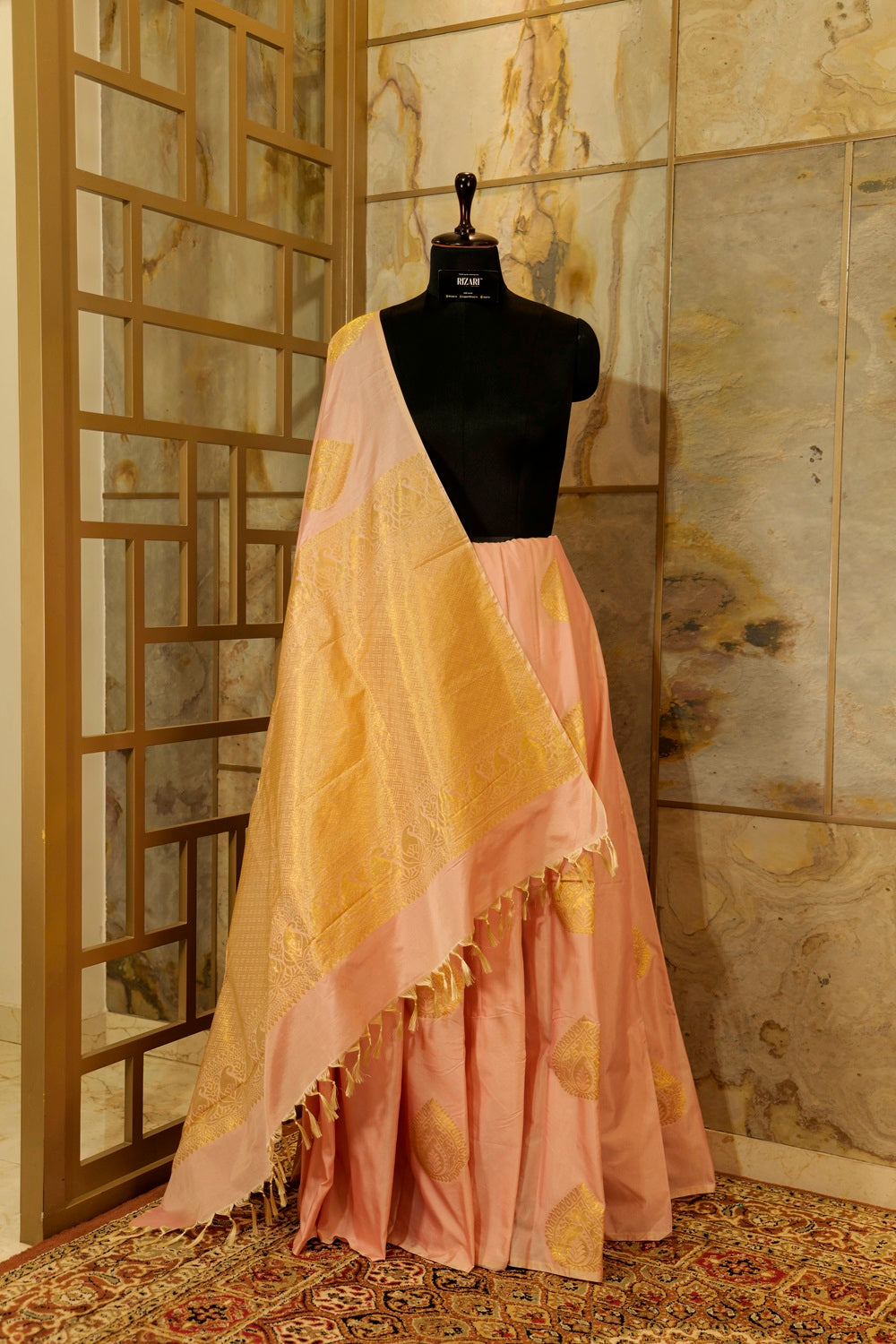 Peach Soft silk saree with big buttas woven all over body