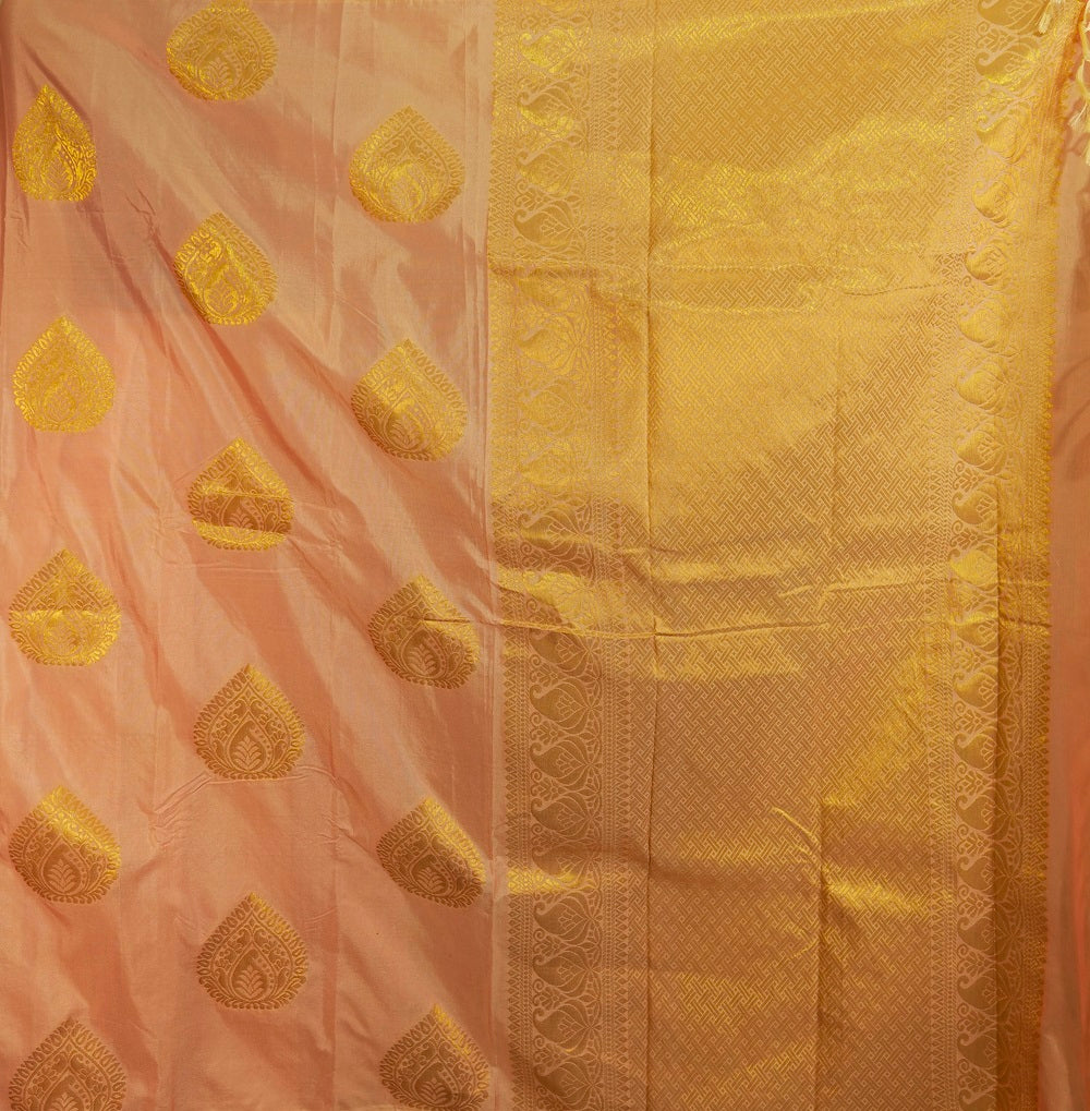 Peach Soft silk saree with big buttas woven all over body