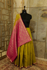 Olive Green and Pink Kanchi silk saree