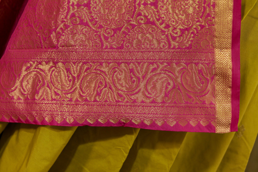 Olive Green and Pink Kanchi silk saree