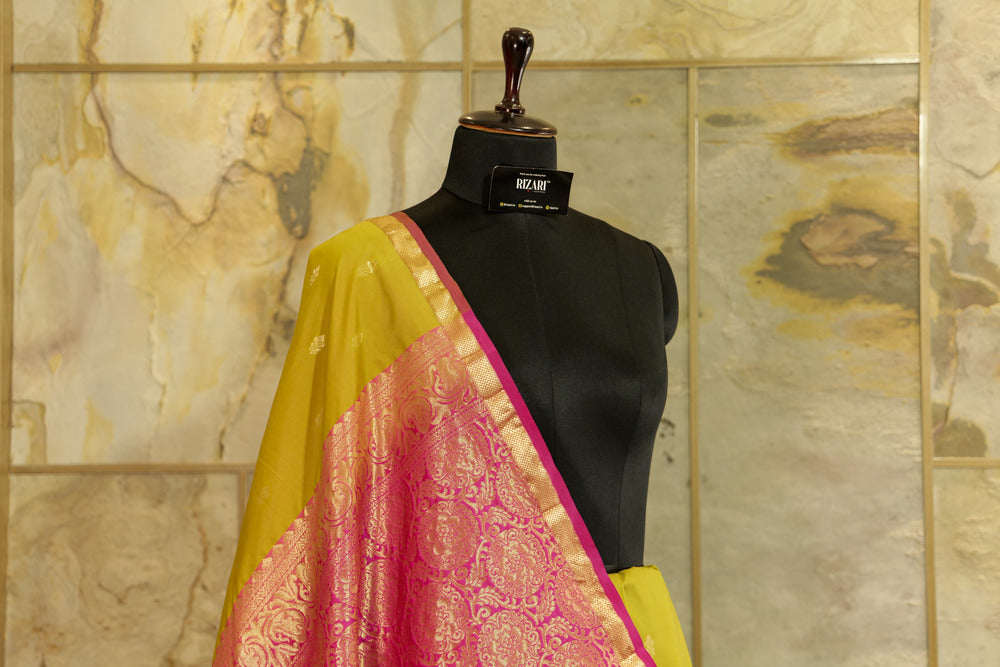 Olive Green and Pink Kanchi silk saree