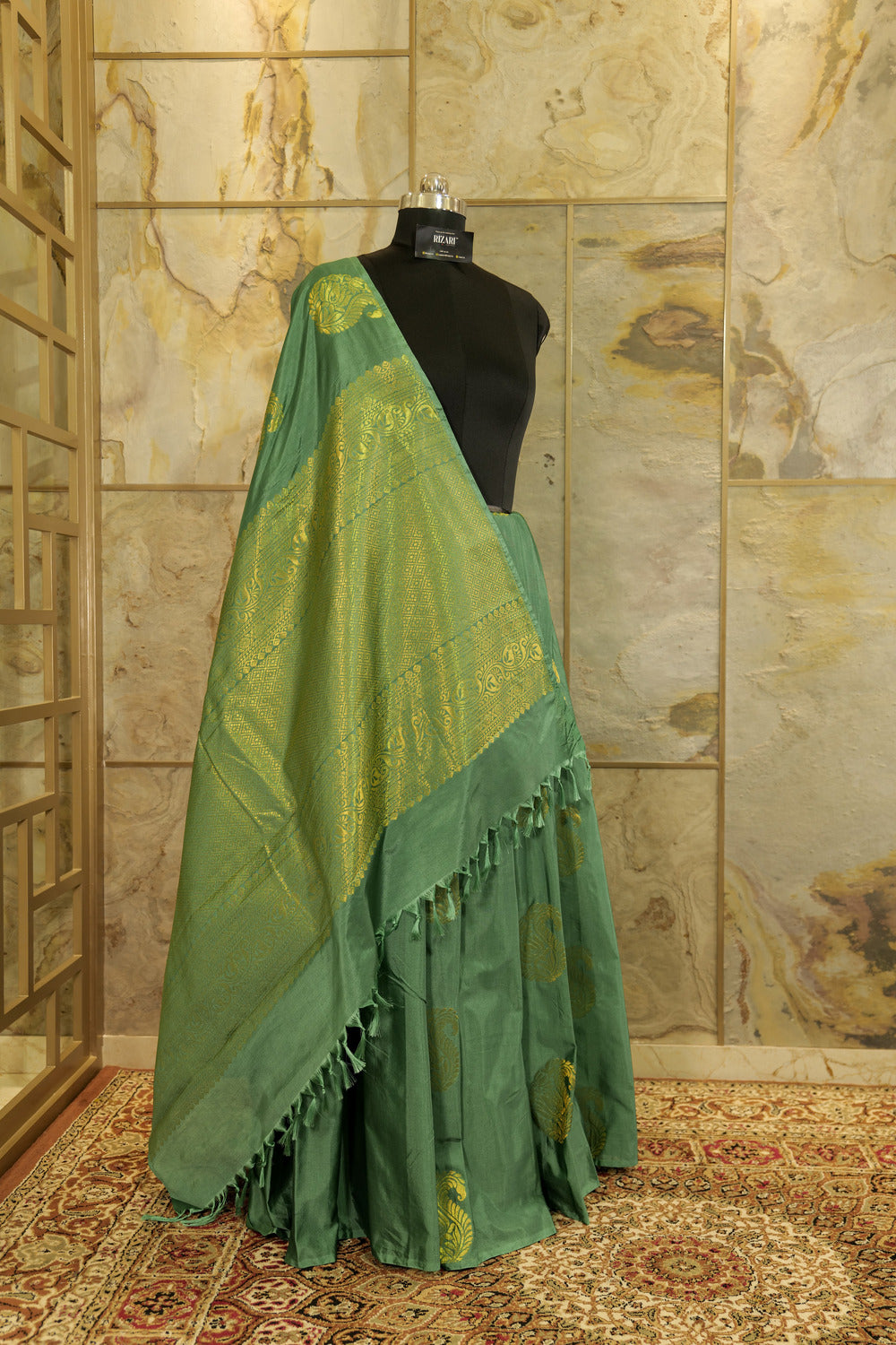 Green Soft silk saree with big buttas woven all over body