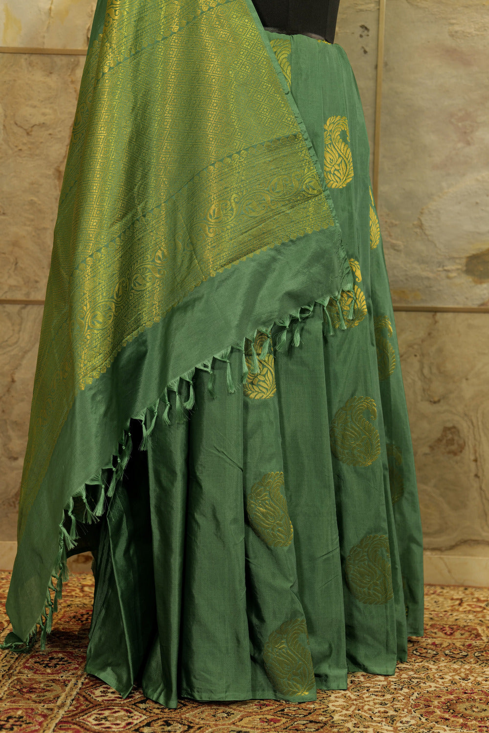 Green Soft silk saree with big buttas woven all over body