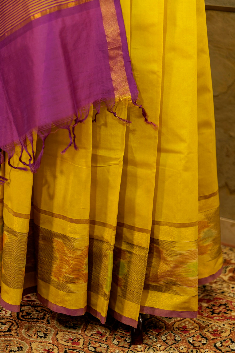 Yellow and Purple Silk-cotton Ikat Saree