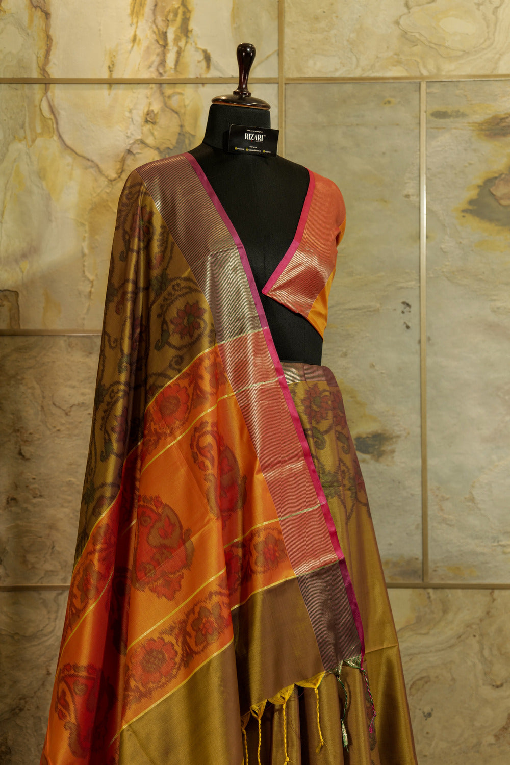 Mehendi dual-tones Pochampalli super soft saree with contrast orange blouse