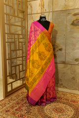 Pink dual-tones Pochampalli weaving super soft saree with contrast yellow blouse