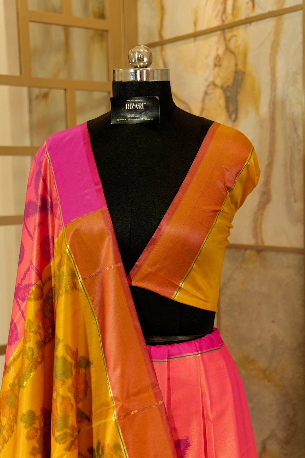 Pink dual-tones Pochampalli weaving super soft saree with contrast yellow blouse