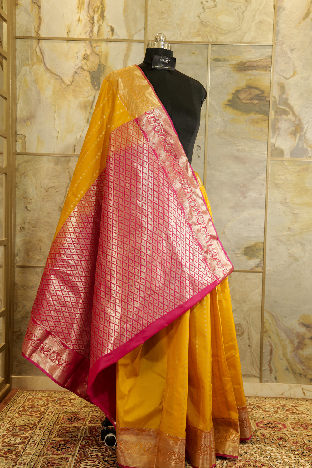 Mustard Kanchi silk saree with contrast pink Pallu and blouse rich jacquard borders on the sides