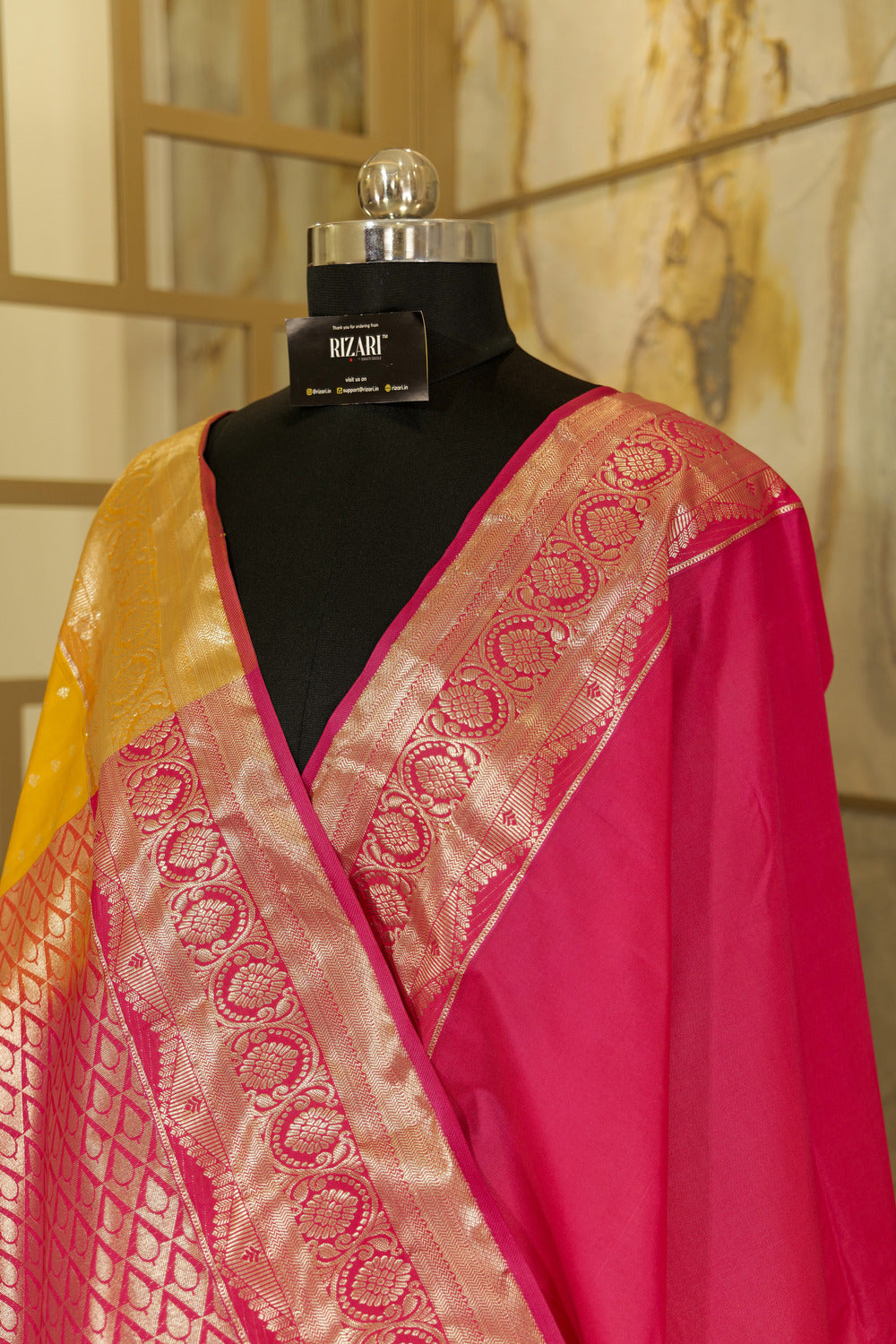 Mustard Kanchi silk saree with contrast pink Pallu and blouse rich jacquard borders on the sides