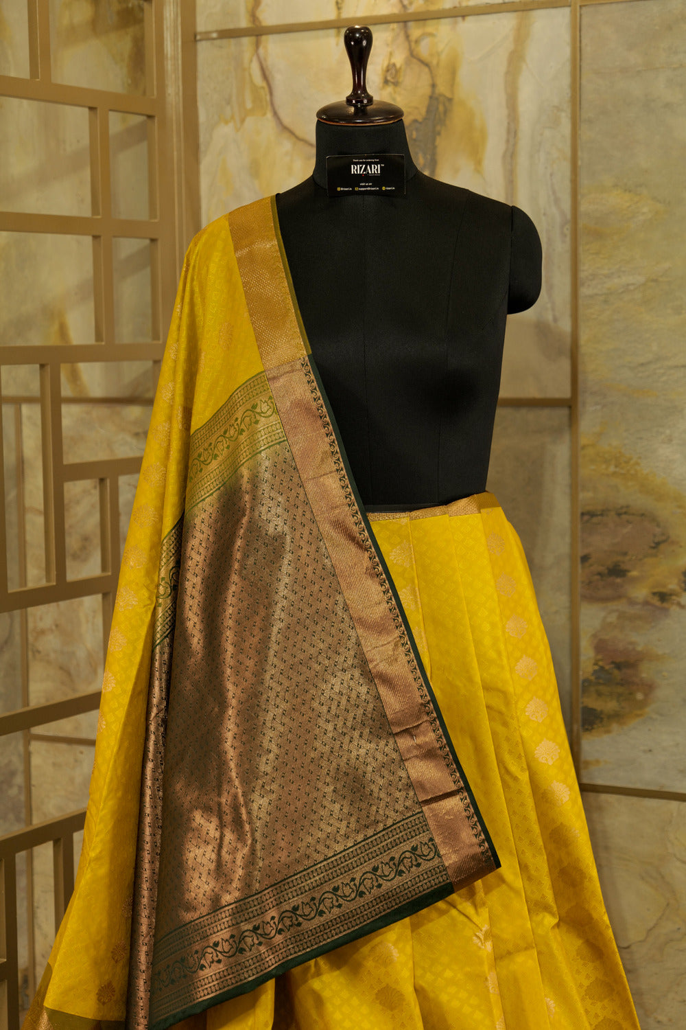 Mustard Kanchi silk saree with contrast bottle green Pallu - copper jacquard border