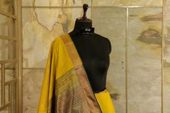 Mustard Kanchi silk saree with contrast bottle green Pallu - copper jacquard border