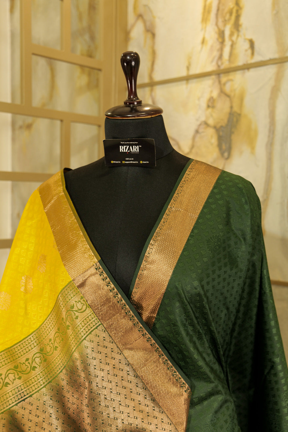 Mustard Kanchi silk saree with contrast bottle green Pallu - copper jacquard border