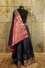 Navy blue Kanchi silk saree with contrast pink Pallu and blouse rich jacquard borders