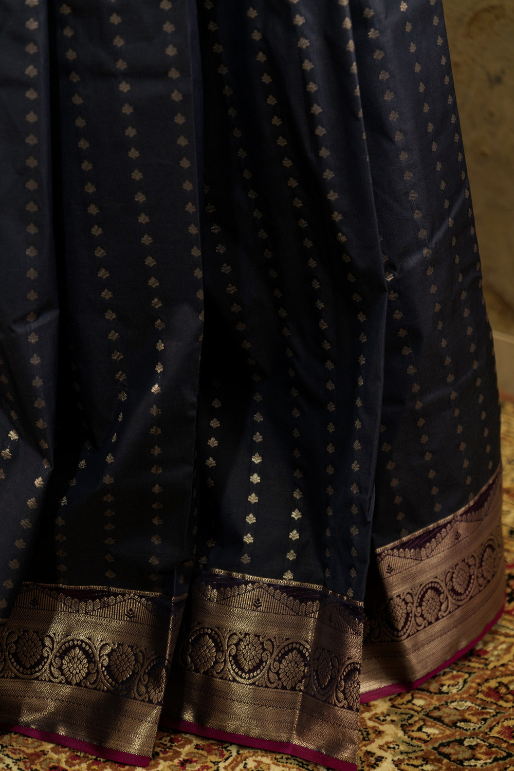 Navy blue Kanchi silk saree with contrast pink Pallu and blouse rich jacquard borders