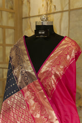 Navy blue Kanchi silk saree with contrast pink Pallu and blouse rich jacquard borders