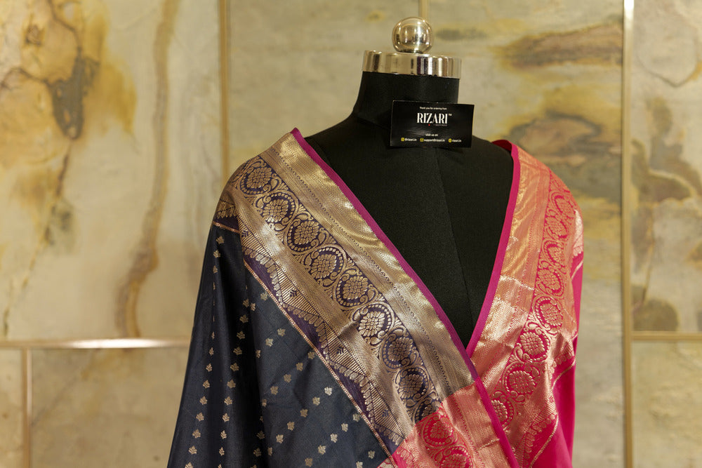 Navy blue Kanchi silk saree with contrast pink Pallu and blouse rich jacquard borders