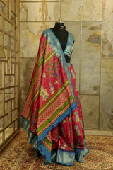 Bright pink saree with kalamkari print and beautiful jacquard border