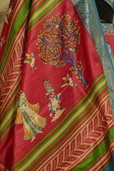 Bright pink saree with kalamkari print and beautiful jacquard border