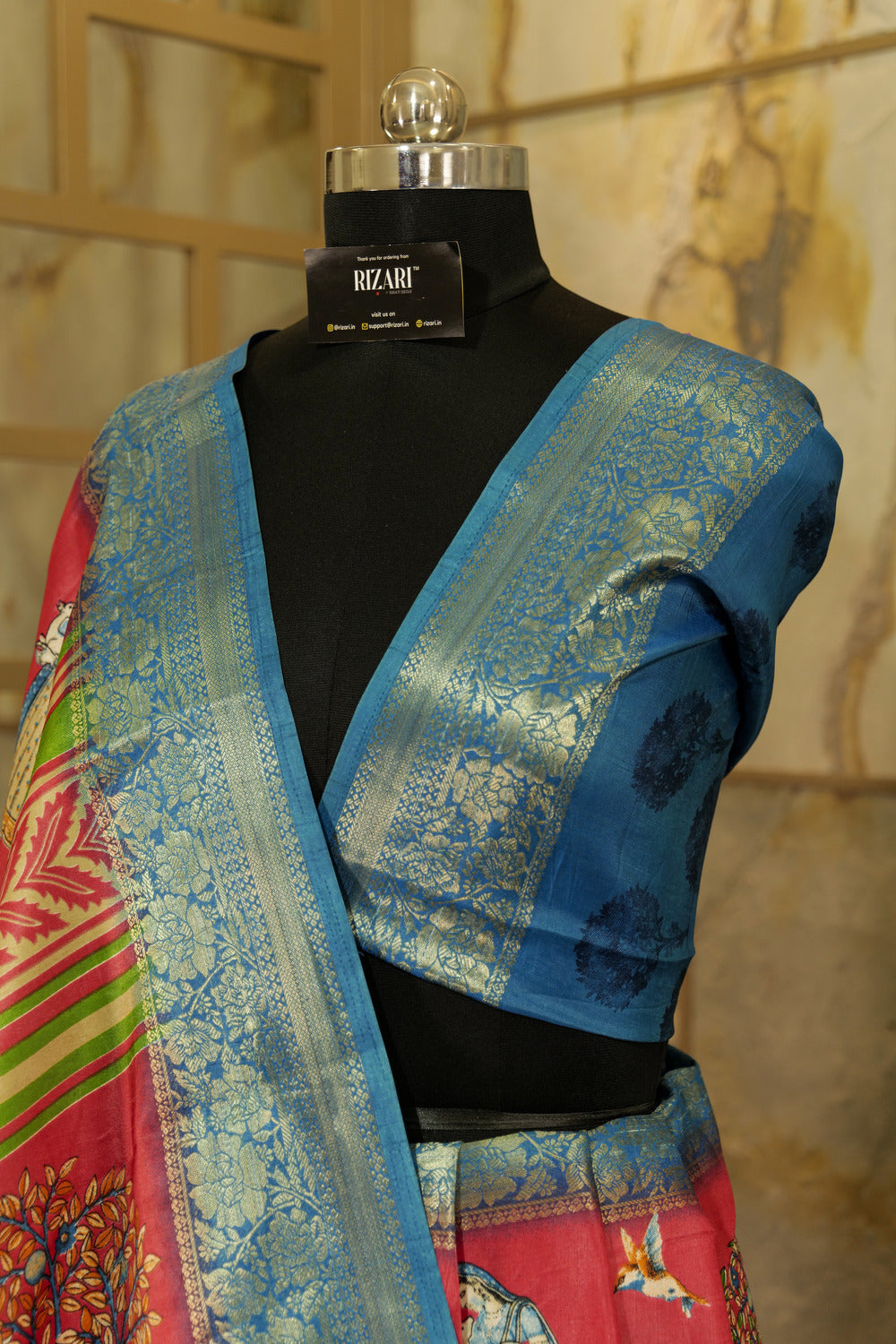 Bright pink saree with kalamkari print and beautiful jacquard border