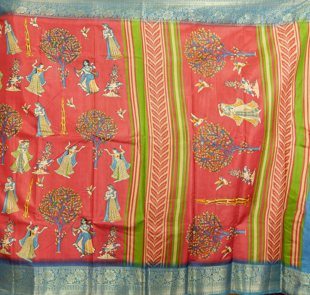 Bright pink saree with kalamkari print and beautiful jacquard border