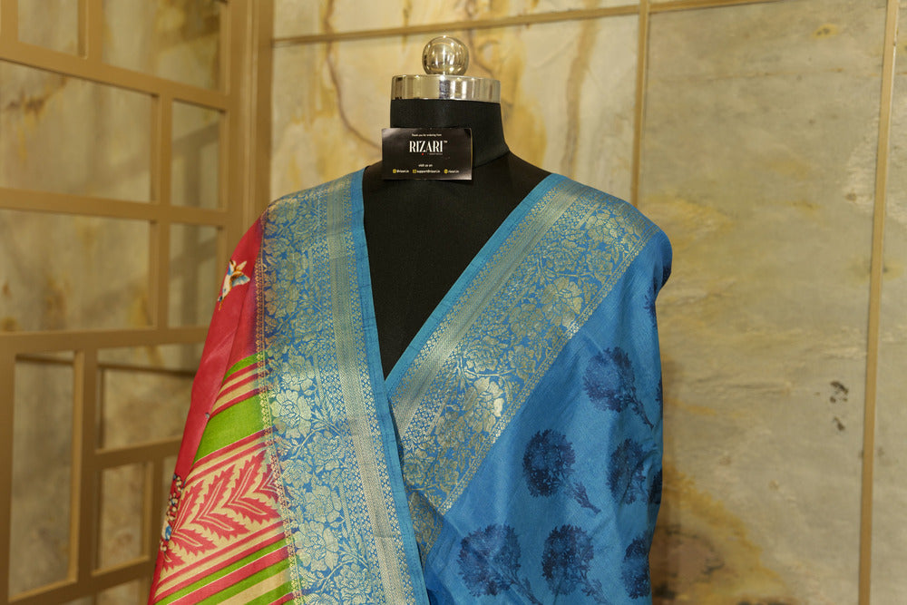 Bright pink saree with kalamkari print and beautiful jacquard border