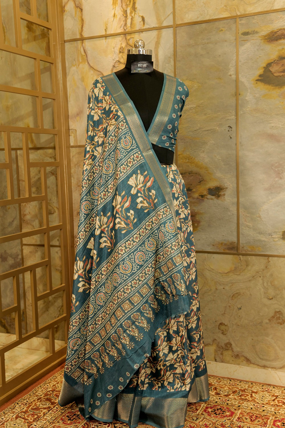 Peacock blue shade with floral print   daily wear saree with Blouse Piece