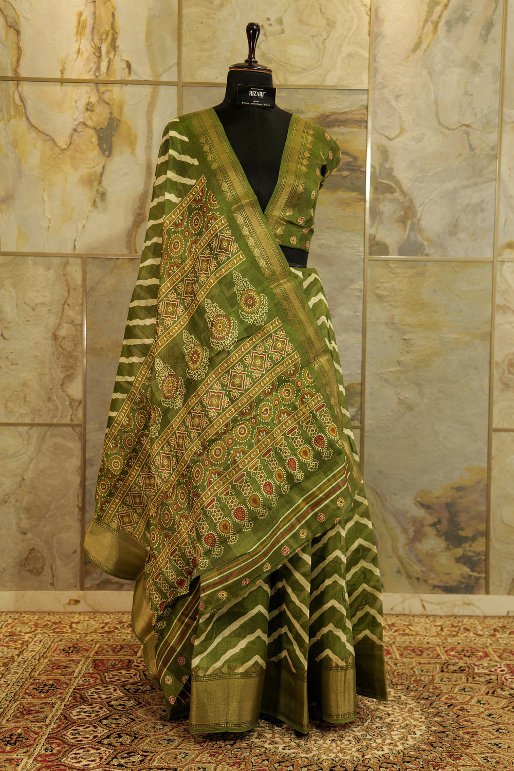 Mehendi green Ikat print semi  daily wear saree