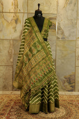 Mehendi green Ikat print semi  daily wear saree